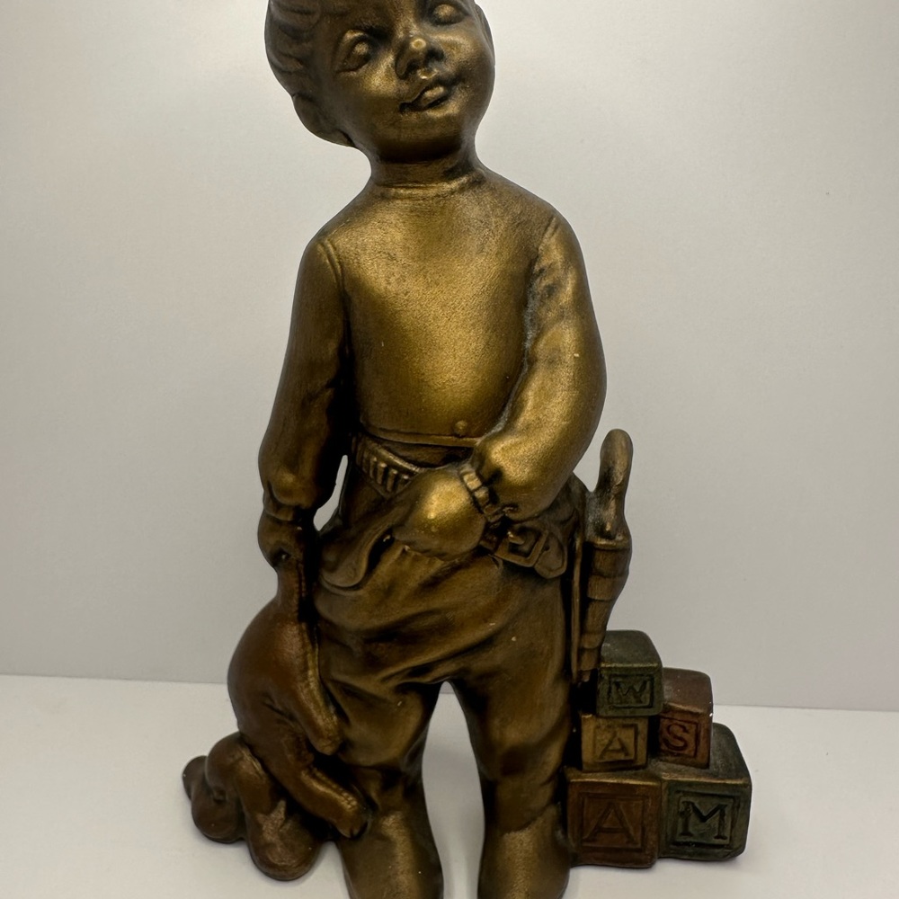Vintage Style BRONZE CLAD Ceramic Boy With Holster-Holding Pants-FIGURINE STATUE